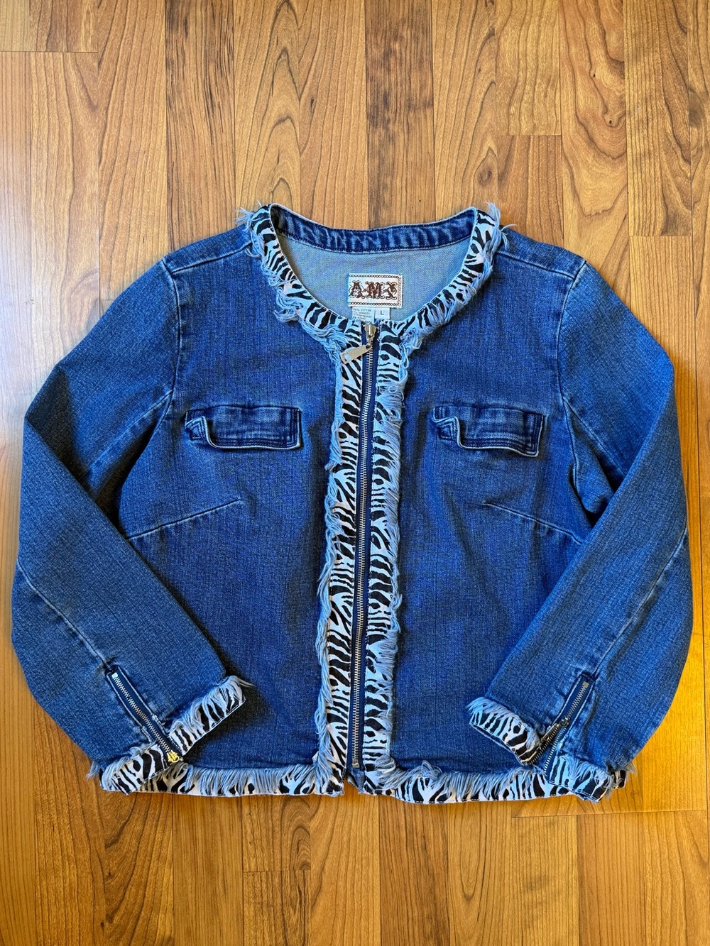 Y2K VTG Blue Denim Jacket with Zebra-Trim - L
